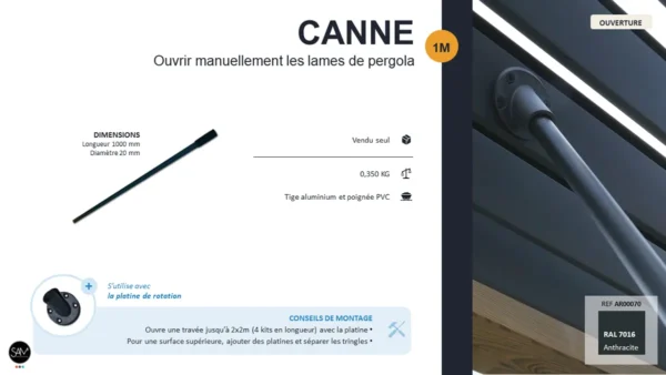Fiche produit : canne pour ouvrir manuellement les lames de pergola