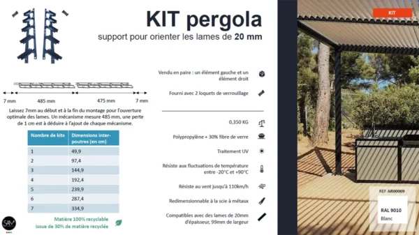 Fiche produit kit pergola : support blanc pour orienter les lames de 20mm