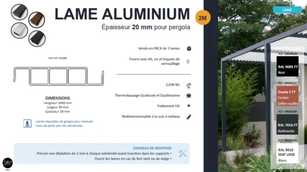 Fiche produit lame épaisse de 20mm pour pergola