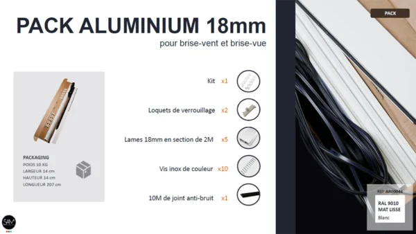 Fiche produit pack aluminium mat lisse 18mm pour pergola, brise-vent et brise-vue