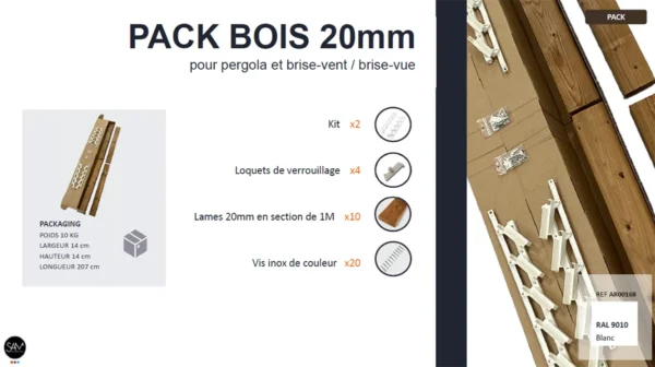 Fiche produit pack aluminium blanc 20mm pour pergola, brise-vent et brise-vue