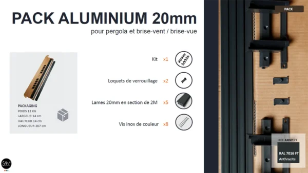 Fiche produit pack aluminium anthracite 20mm pour pergola, brise-vent et brise-vue