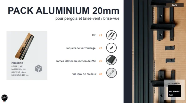 Fiche produit pack aluminium noir 20mm pour pergola, brise-vent et brise-vue